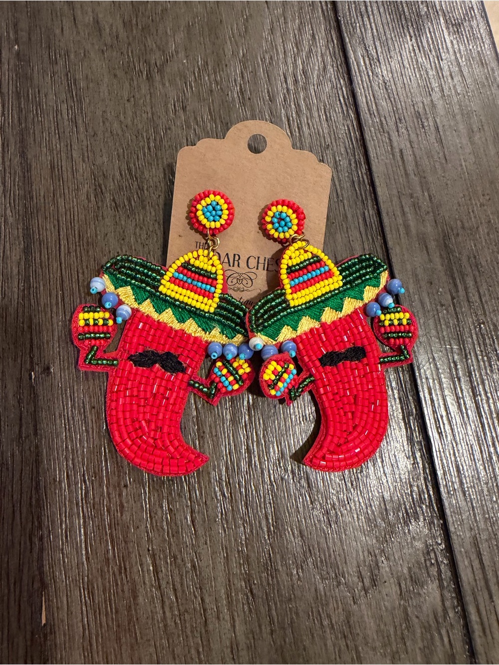 Beaded Chili Pepper Sombrero Statement Earrings - Red & Green